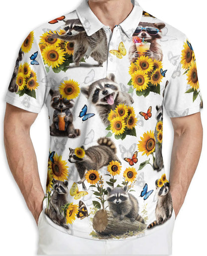 Raccoon Sunflower 3D Polo Shirt for Men, Cute Animal Nature Style | Azhawaiian