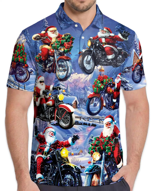 Driving with Santa Claus Polo Shirt for Men, Christmas Holiday Fun | Azhawaiian