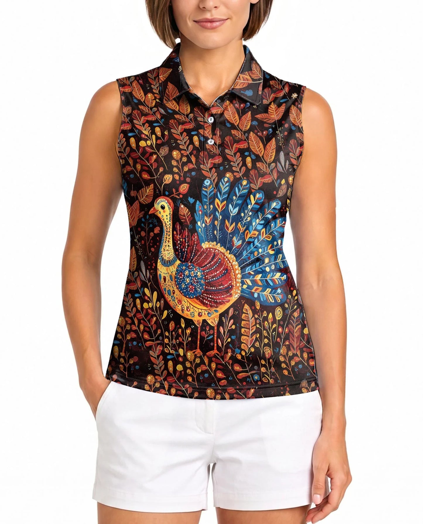 Chicken Thanksgiving Sleeveless Polo Shirt for Women | Azhawaiian