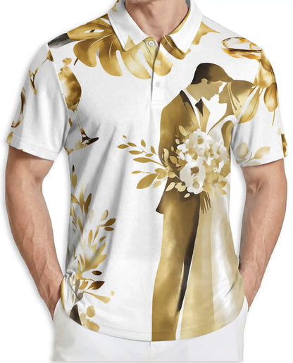 Golden Wedding Couple Polo Shirt For Men-  Bride Groom Print | Azhawaiian