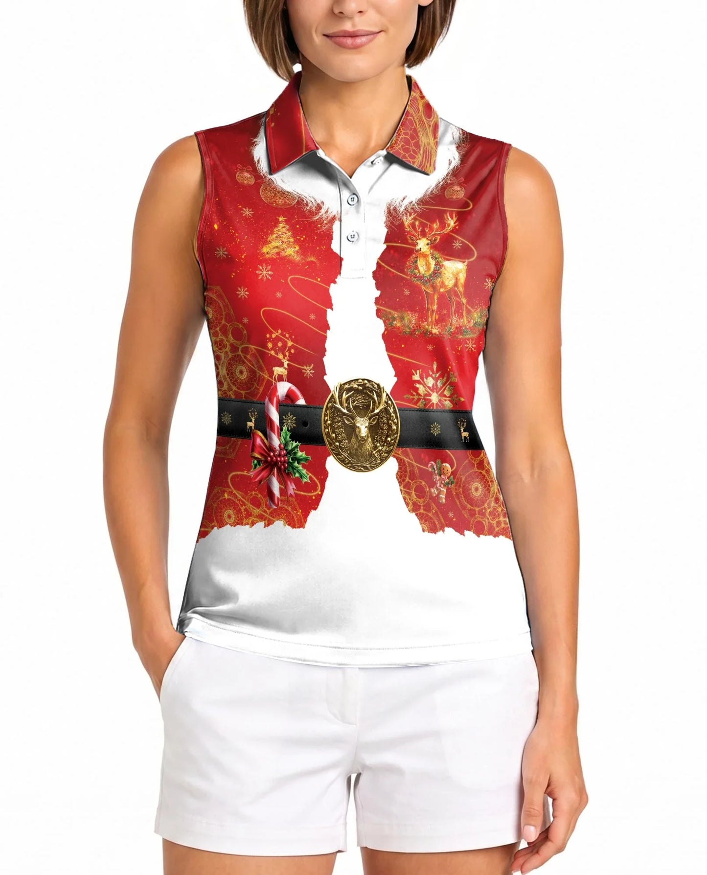 Santa Claus Christmas Costume Sleeveless Polo Shirt for Women | Azhawaiian