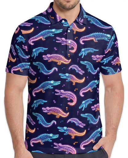 Neon Crocodile Polo Shirt for Men, Night Party Style | Azhawaiian