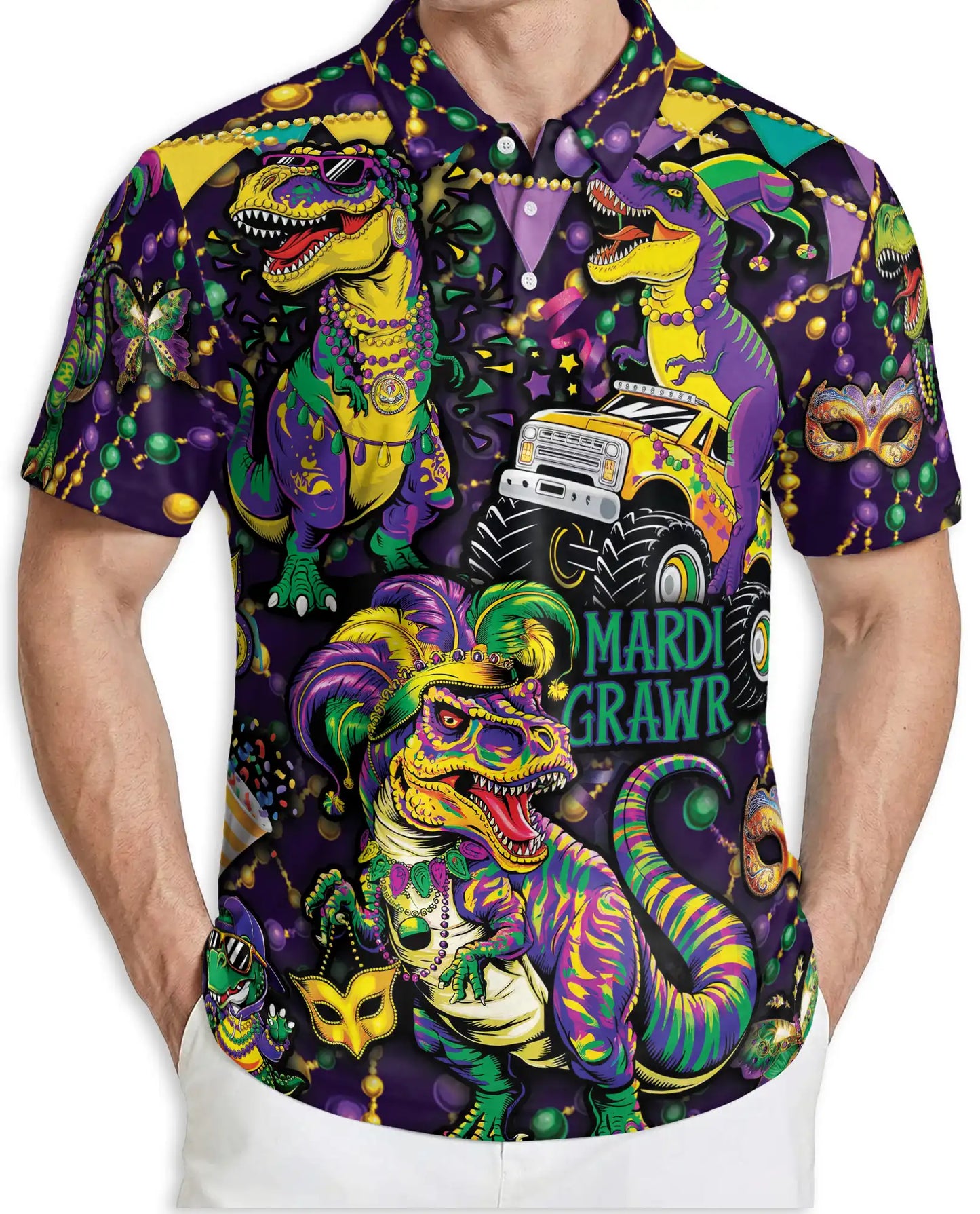 Mardi Grawr Dinosaur Polo Shirt for Men-Funny Mardi Gras T Rex Carnival Party Shirt | Azhawaiian