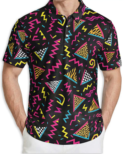 Retro 80s Polo Shirt, Neon Geometric Abstract Pattern | Azhawaiian