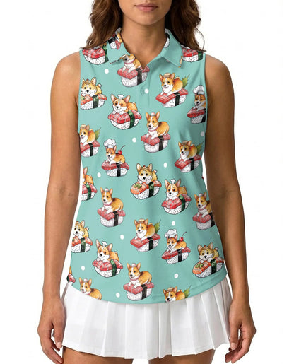 Sushi Corgi Sleeveless Polo Shirt for Women | Azhawaiian