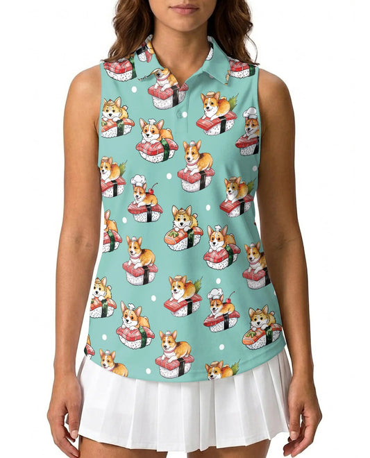 Sushi Corgi Sleeveless Polo Shirt for Women | Azhawaiian