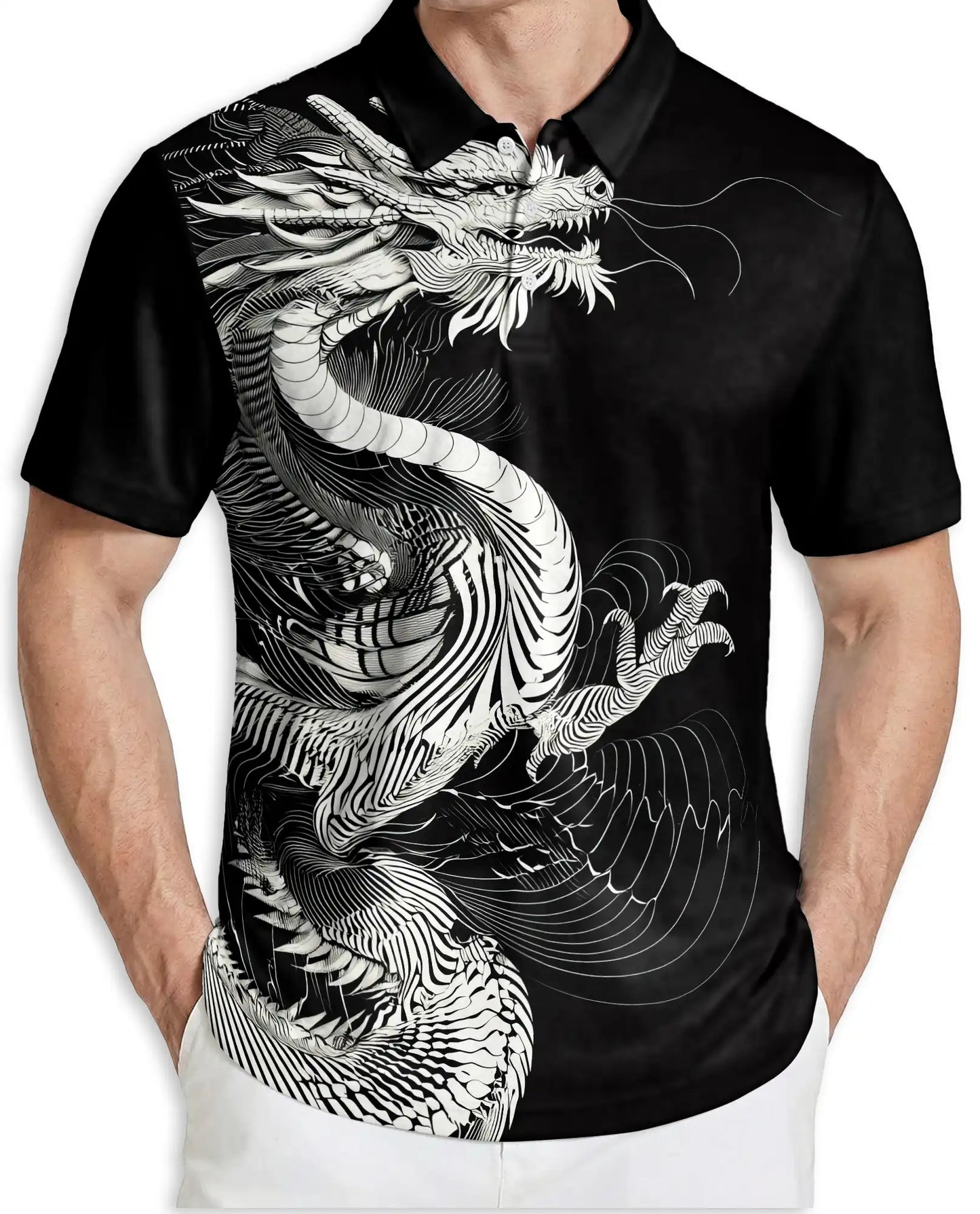 Black White Dragon 3D Polo Shirt for Men, Asian Fantasy Art Style | Azhawaiian