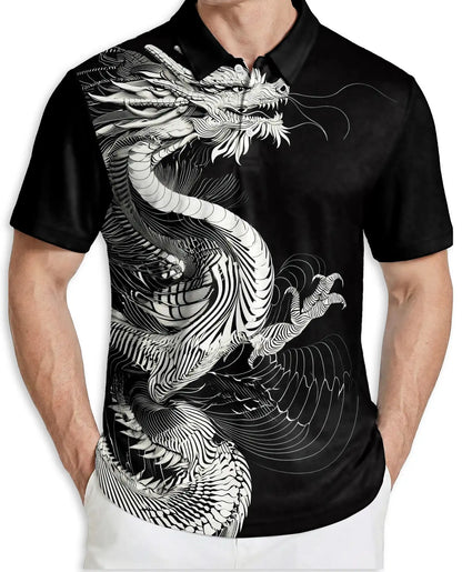 Black White Dragon 3D Polo Shirt for Men, Asian Fantasy Art Style | Azhawaiian