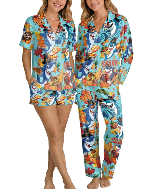 Thanksgiving Shark Pajama Set for Women – Funny Fall Print