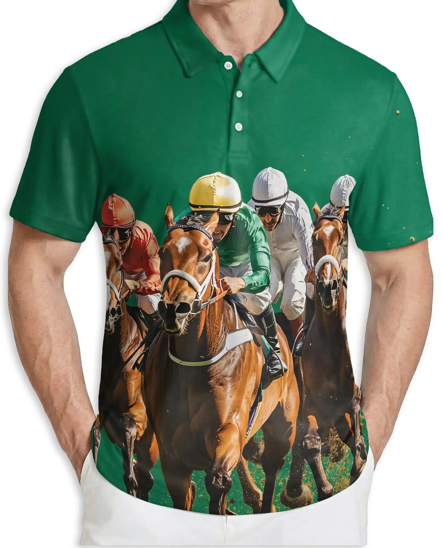 Green Horse Racing 3D Polo Shirt for Men, Jockey Derby Sports Style | Azhawaiian
