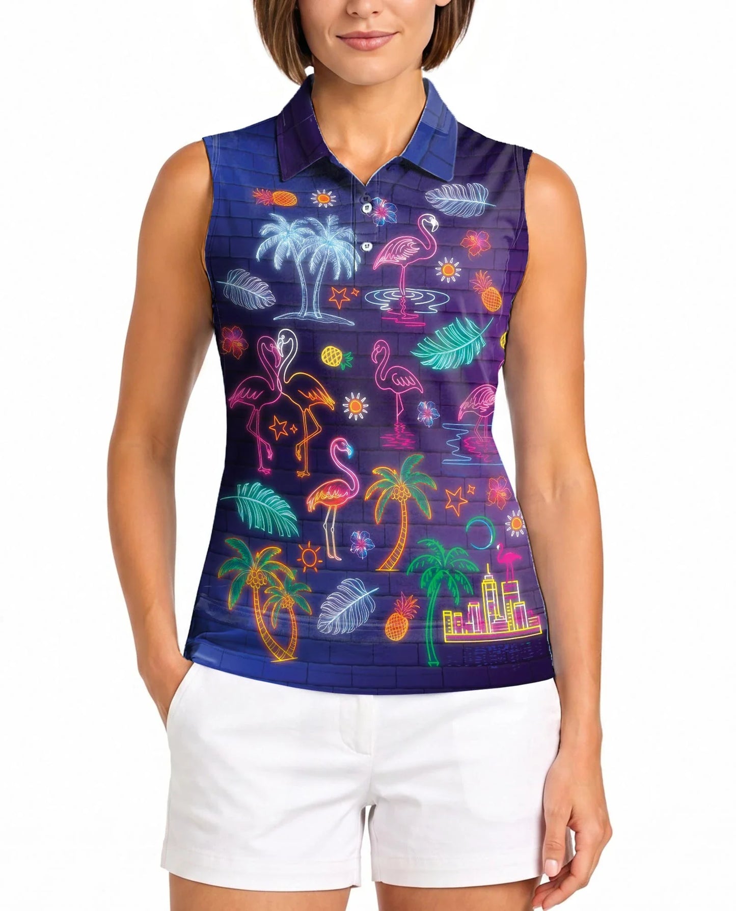 Synthwave Neon Tropical Sleeveless Polo Shirt for Women | Azhawaiian