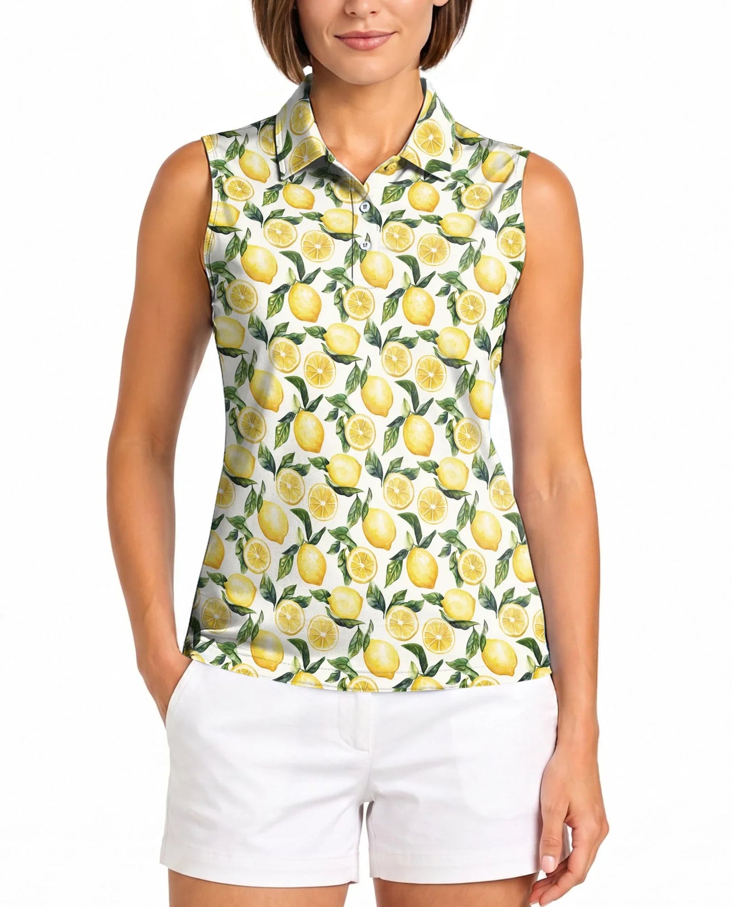 Lemon Pattern Sleeveless Polo Shirt for Women | Azhawaiian