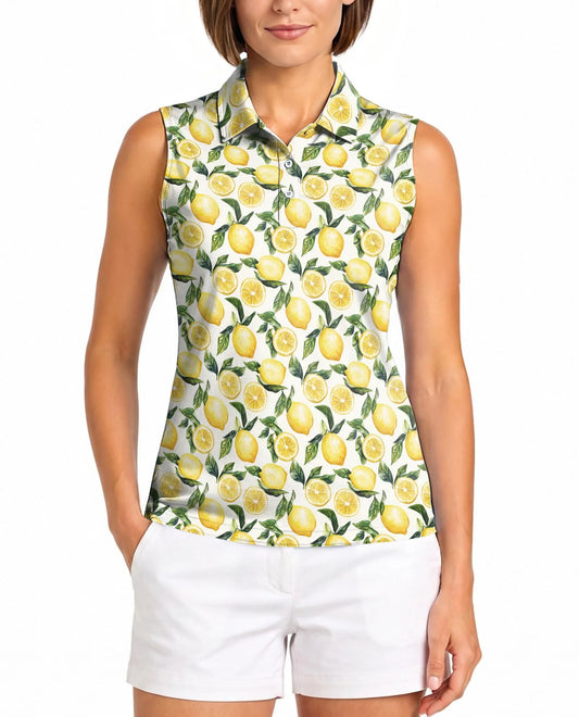 Lemon Pattern Sleeveless Polo Shirt for Women | Azhawaiian