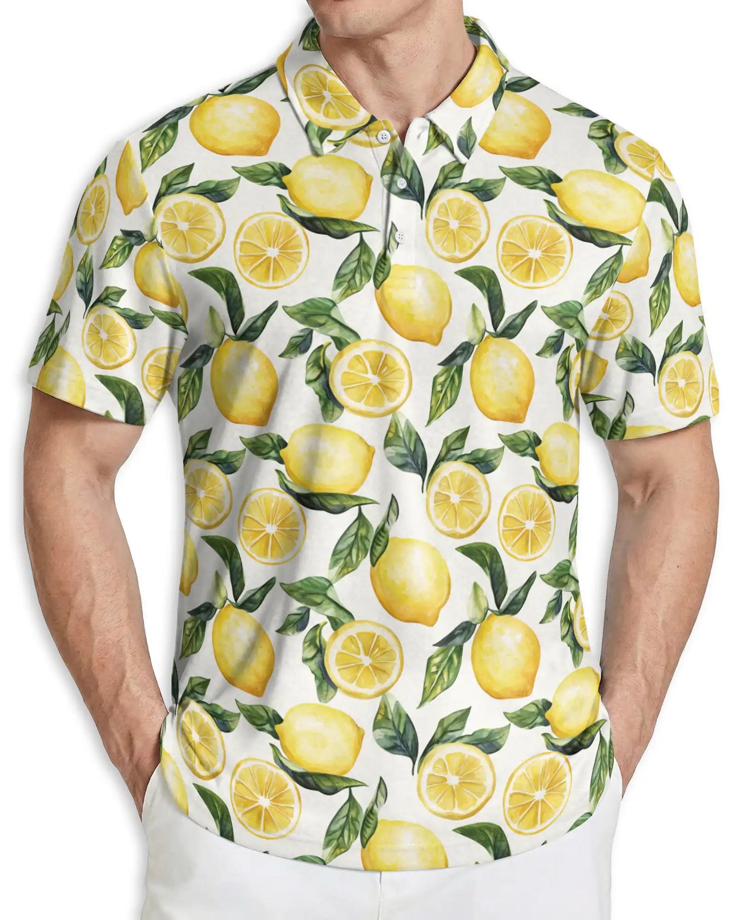 Lemon Print Polo Shirt, Fresh Citrus Pattern | Azhawaiian