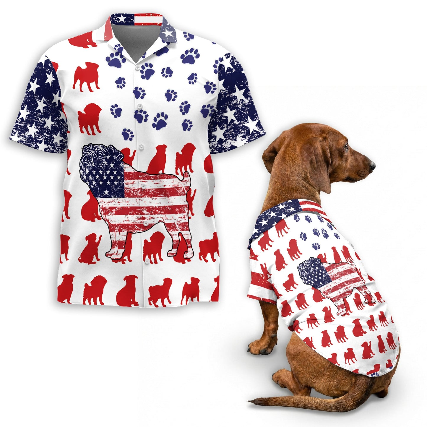 Pug Flag Matching Dog Owner Hawaiian Shirts, Funny Pet Aloha Shirt for Beach Vacation - Azhawaiian