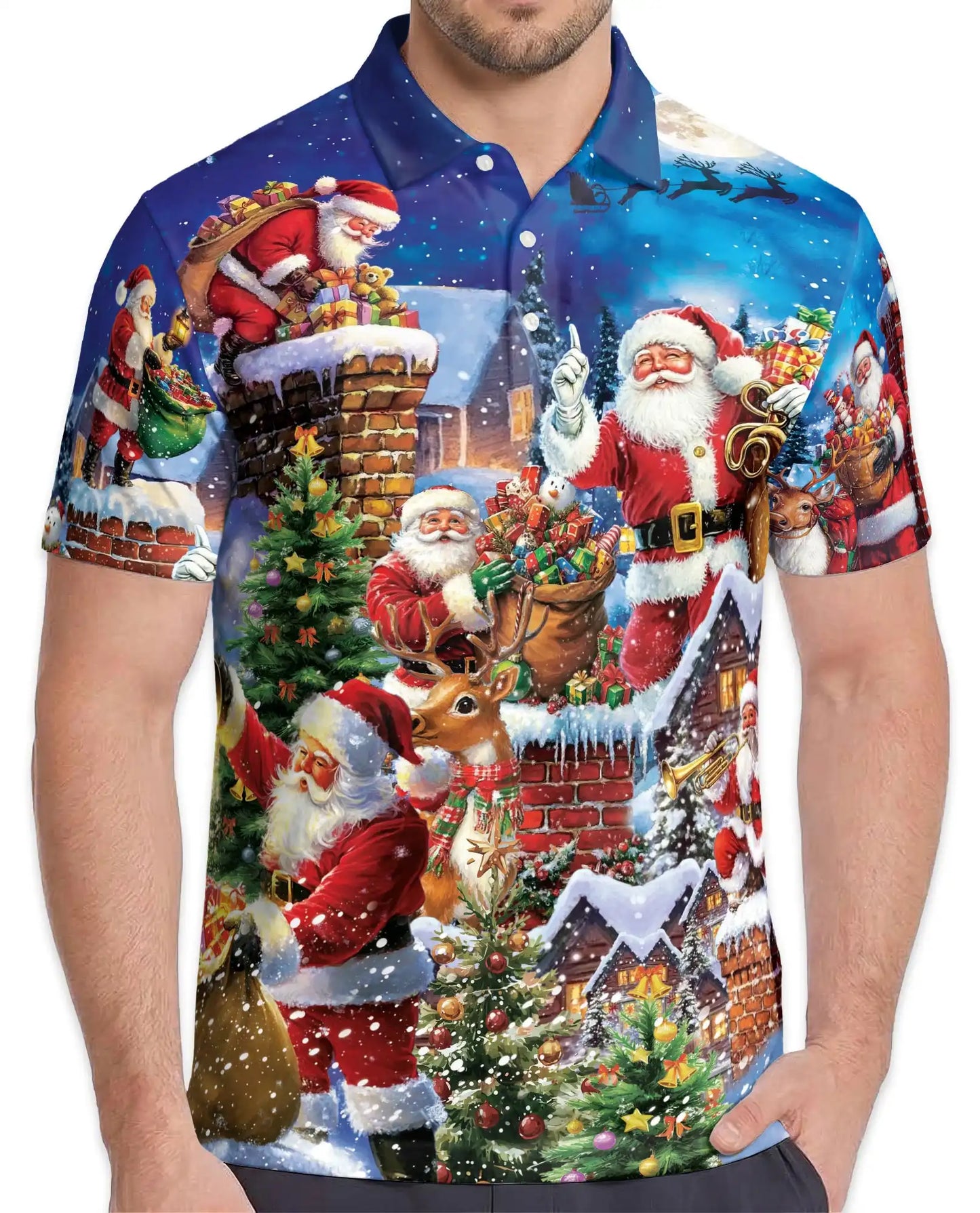 Santa Claus Christmas Village 3D Polo Shirt for Men, Festive Holiday Style | Azhawaiian