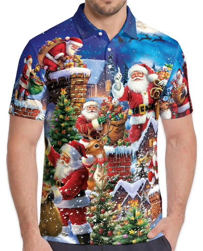 Santa Claus Christmas Village 3D Polo Shirt for Men, Festive Holiday Style | Azhawaiian