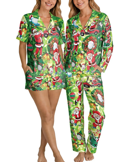 Christmas Golf Pajama Set for Women – Santa Golfer & Golf Cart Print