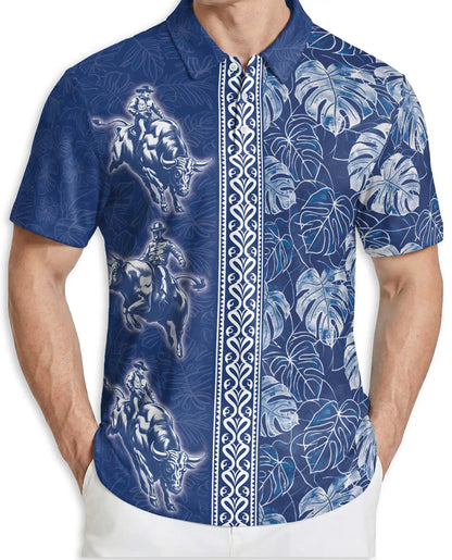 Blue Rodeo Cowboy Hawaiian Polo Shirt | Western Bull Rider Shirt | Azhawaiian