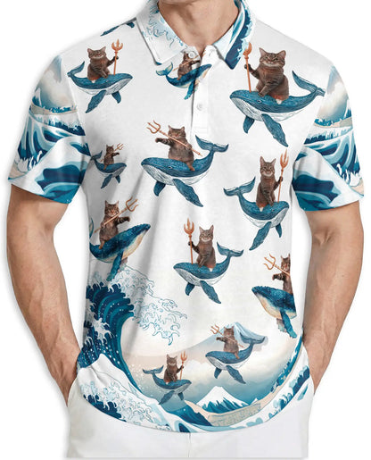 Funny Cat Riding Whale 3D Polo Shirt for Men, Ocean Fantasy Animal Style | Azhawaiian