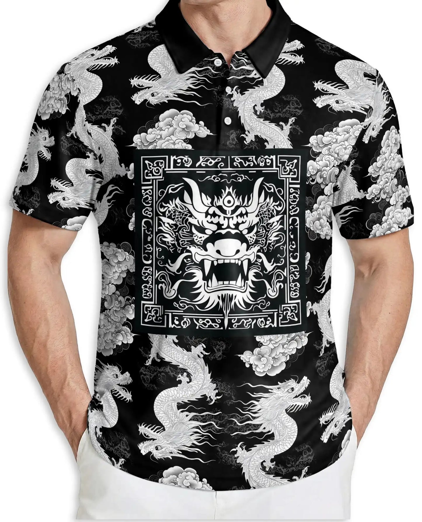 Black White Dragon 3D Polo Shirt for Men, Oriental Mythical Art Style | Azhawaiian