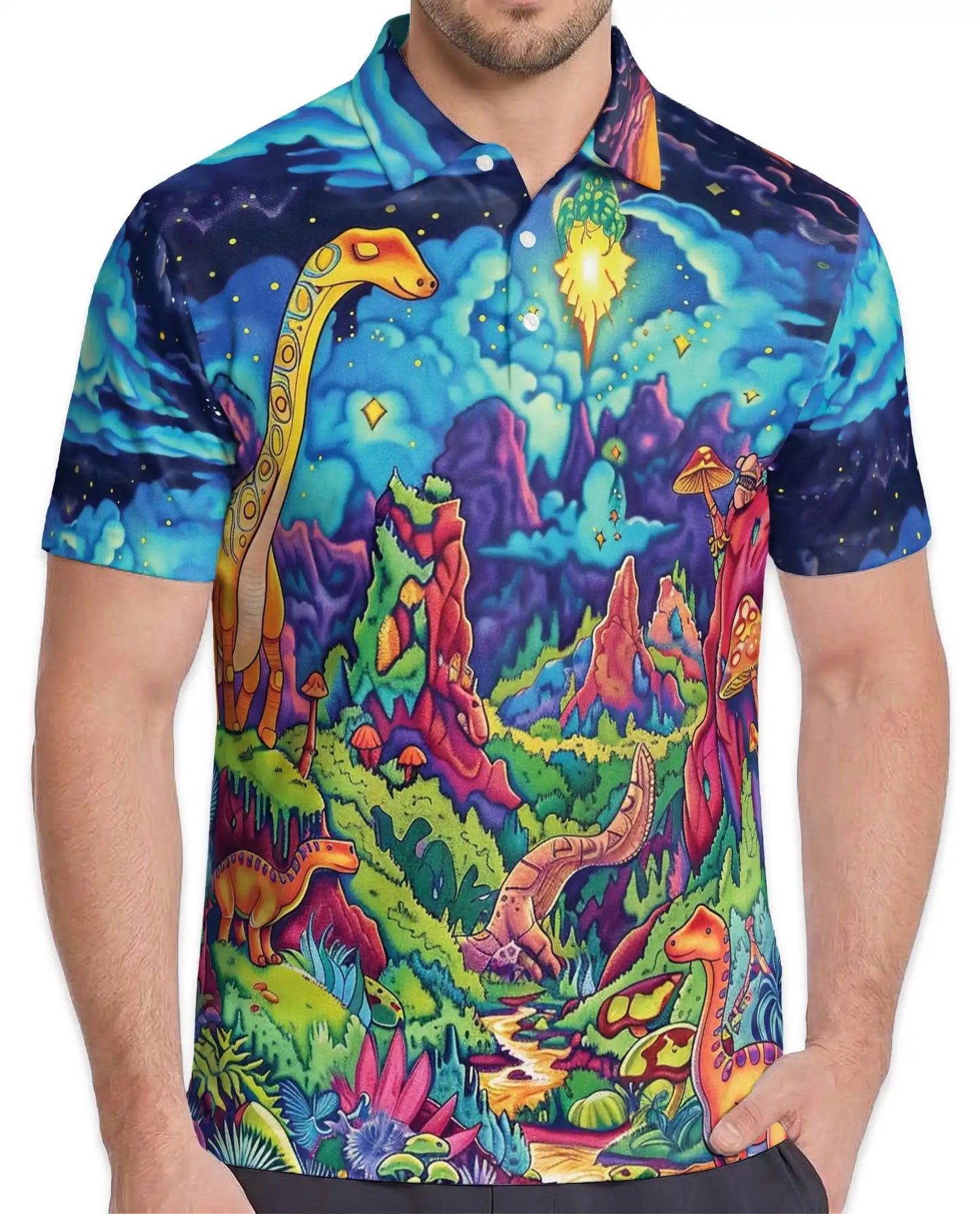 Dinosaur Fantasy Polo Shirt, Colorful Cosmic Art | Azhawaiian