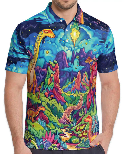 Dinosaur Fantasy Polo Shirt, Colorful Cosmic Art | Azhawaiian