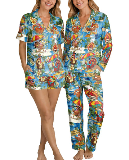 Funny Turkey Thanksgiving Pajama Set for Women, Tropical Holiday Sleepwear