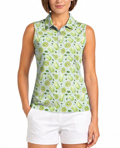 Kiwi Ice Cream Sleeveless Polo Shirt for Women, Cute Fruit Summer Style | Azhawaiian