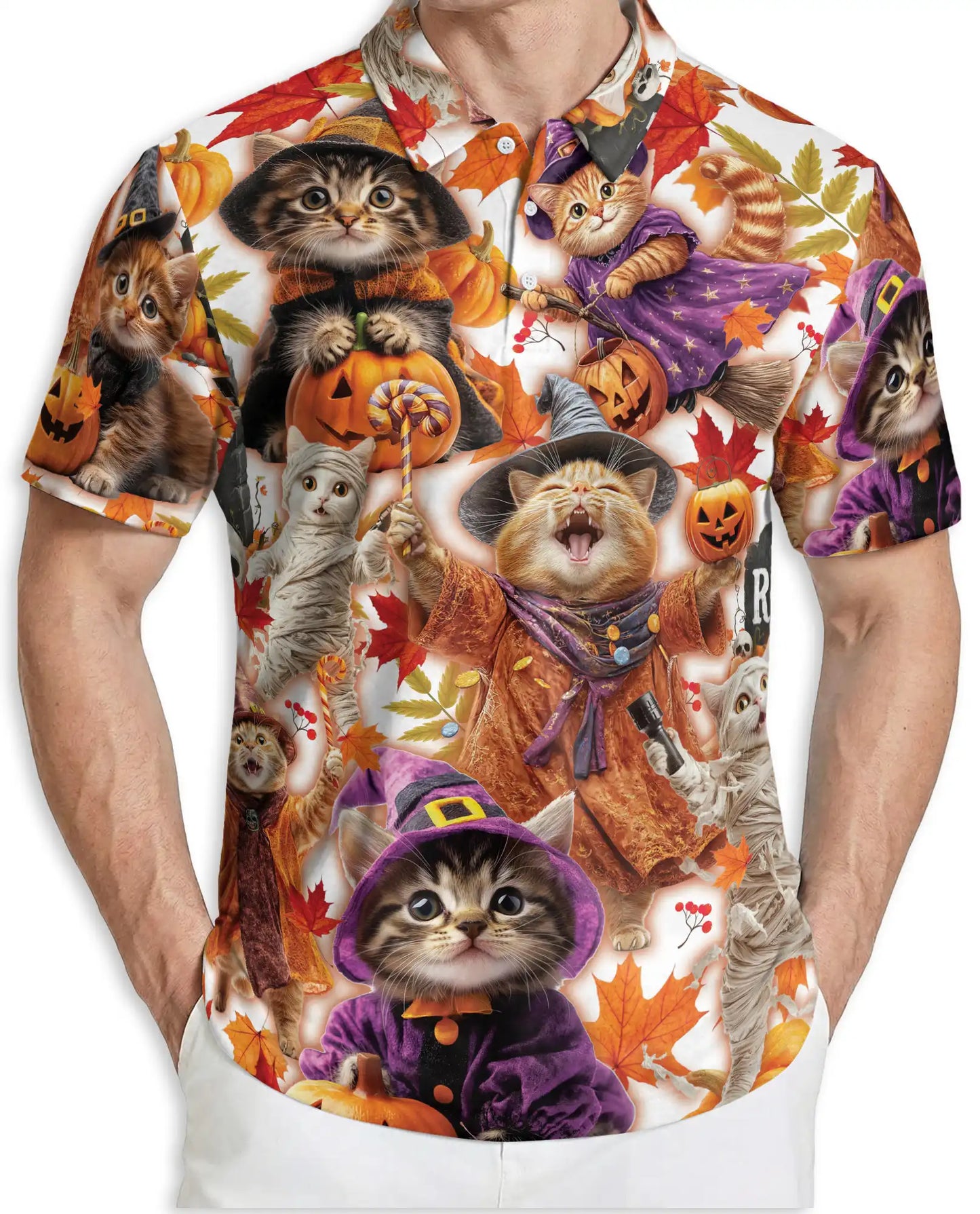Halloween Kittens Polo Shirt for Men, Cute Cat Costume Print | Azhawaiian