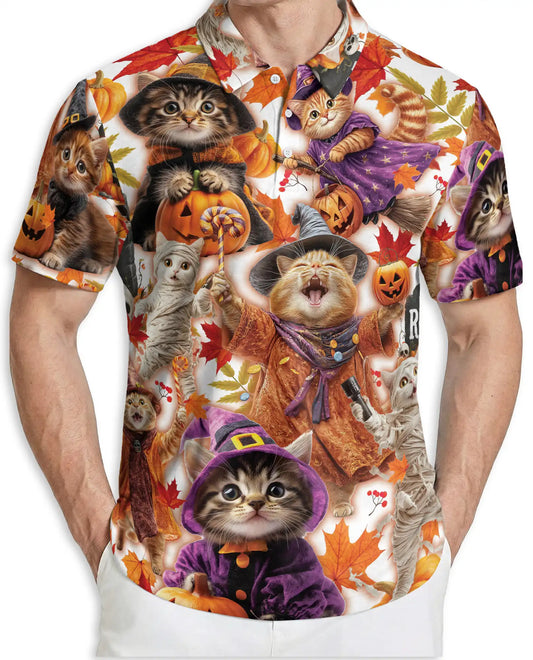 Halloween Kittens Polo Shirt for Men, Cute Cat Costume Print | Azhawaiian