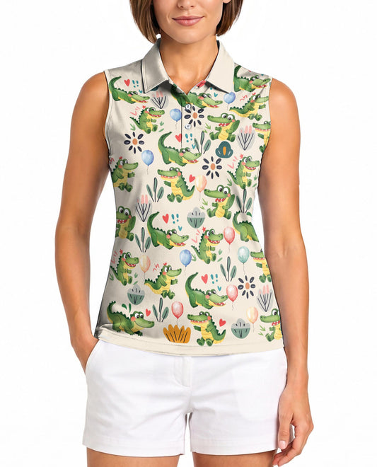 Alligator Pattern Sleeveless Polo Shirt for Women | Azhawaiian