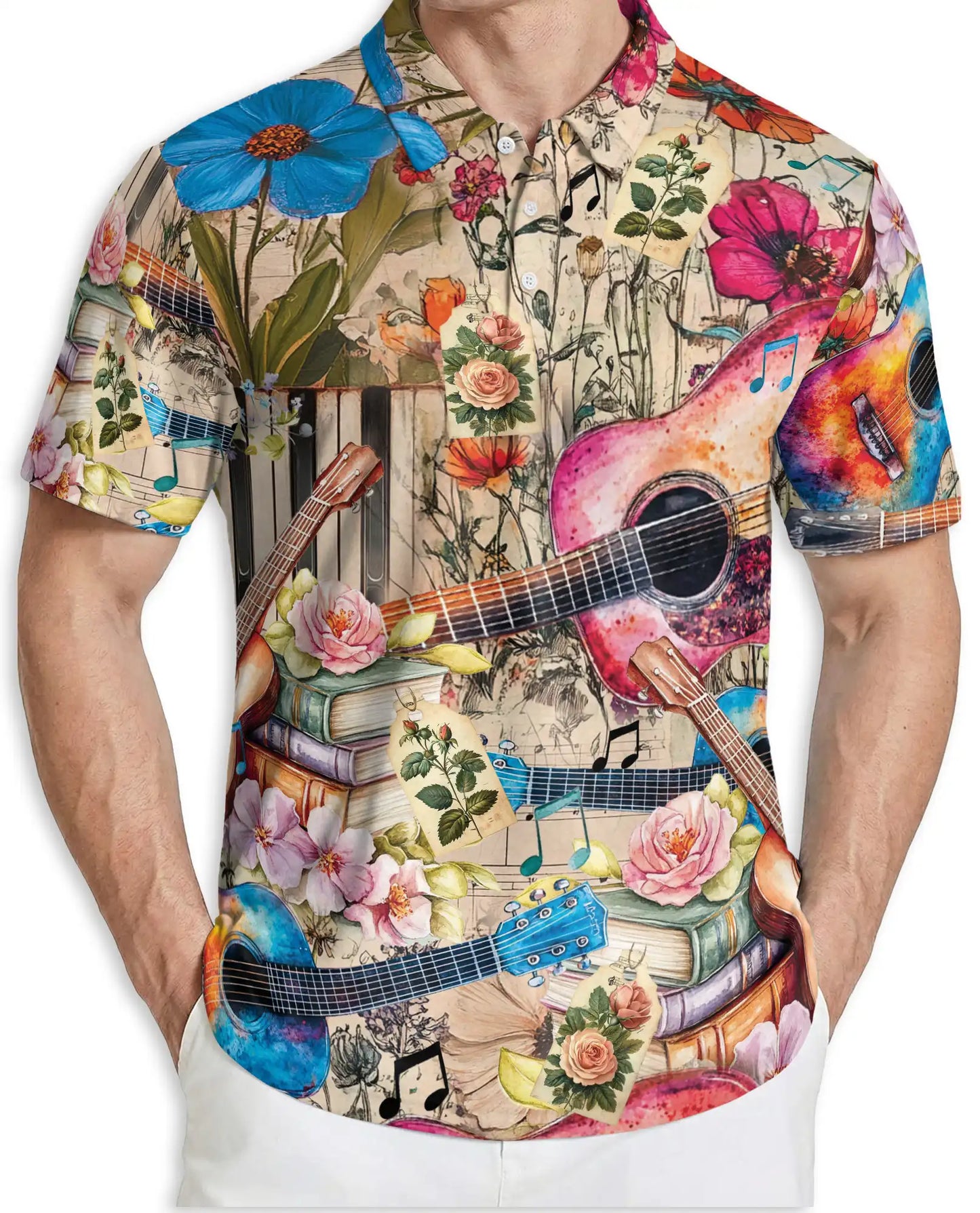 Acoustic Guitar Polo Shirt, Floral Music Art Print | Azhawaiian
