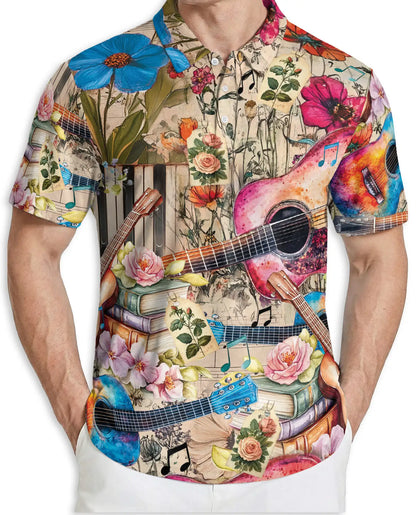 Acoustic Guitar Polo Shirt, Floral Music Art Print | Azhawaiian