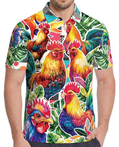 Tropical Rooster Polo Shirt for Men, Colorful Farm Animal Style | Azhawaiian