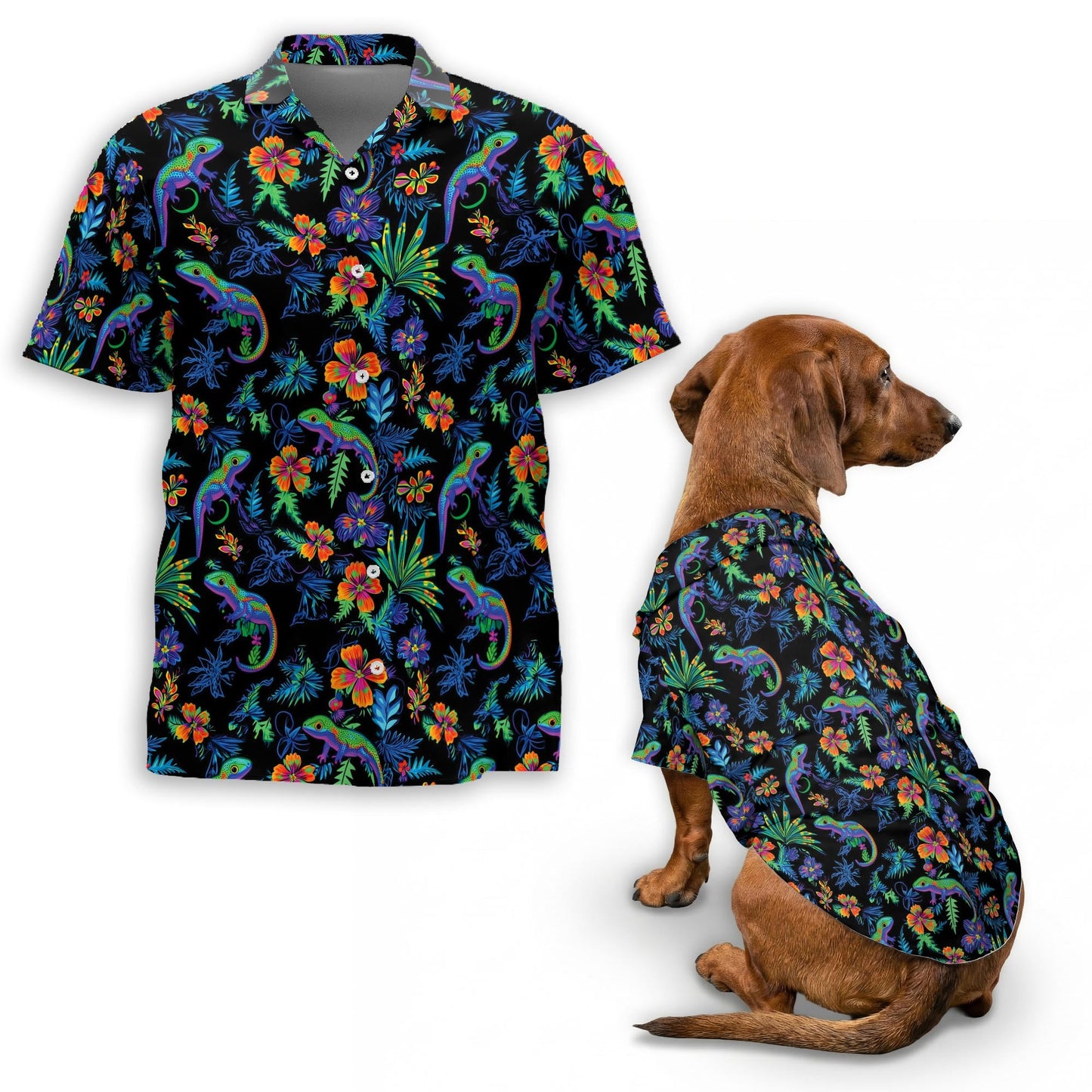 Colorful Gecko Matching Dog Owner Hawaiian Shirts, Funny Pet Aloha Shirt for Beach Vacation - Azhawaiian