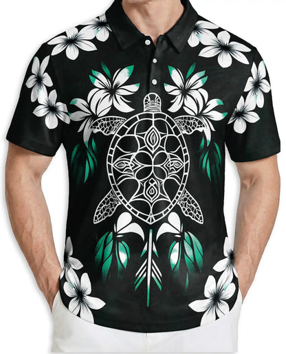 Sea Turtle Hawaiian 3D Polo Shirt for Men, Tropical Tribal Island Style | Azhawaiian