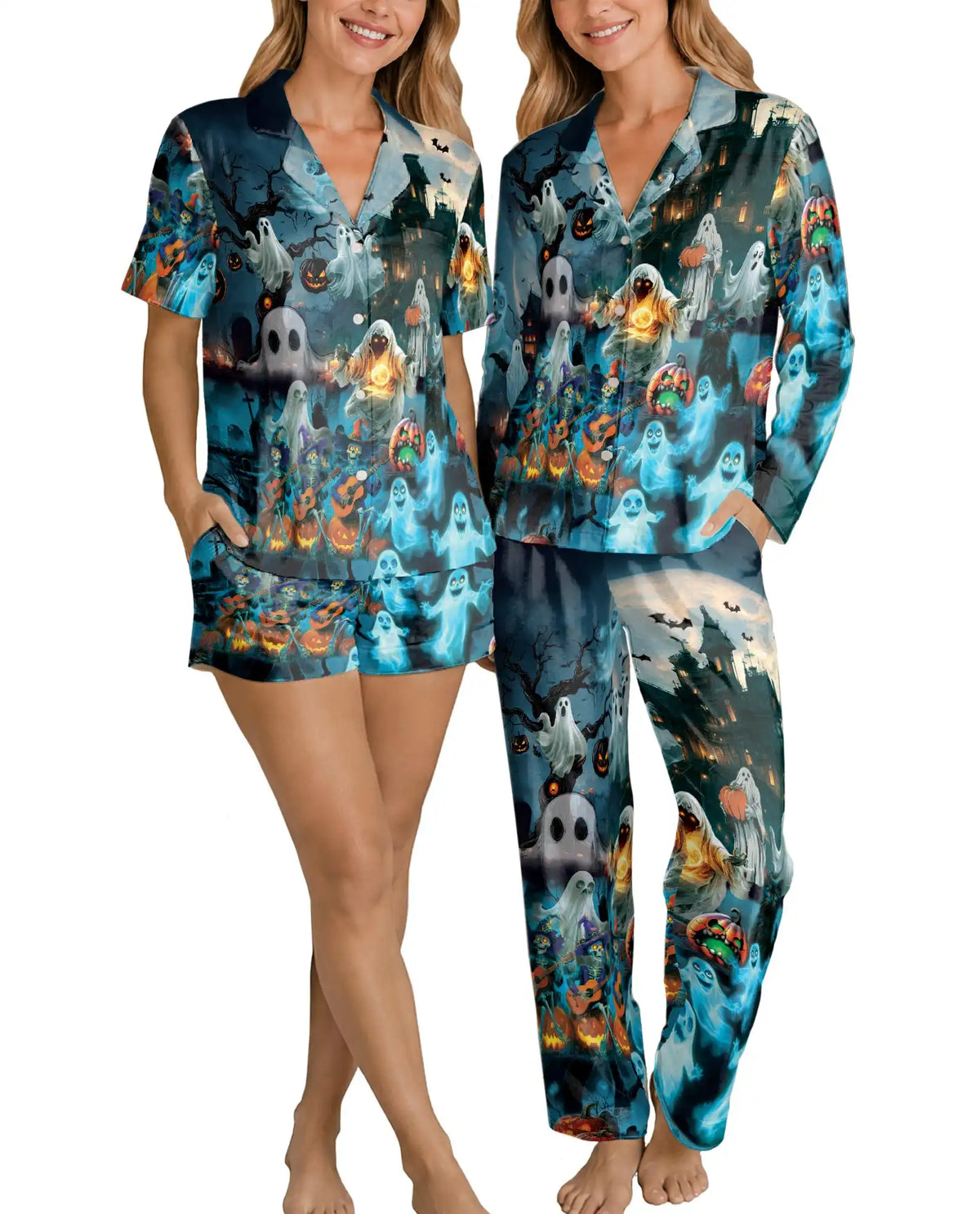 Ghost Halloween Pajama Set for Women, Spooky Pumpkin Holiday Sleepwear