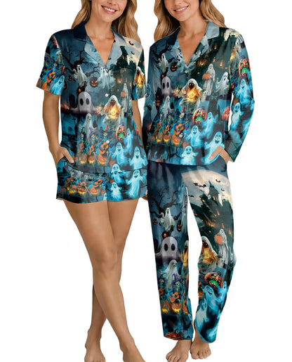 Ghost Halloween Pajama Set for Women, Spooky Pumpkin Holiday Sleepwear
