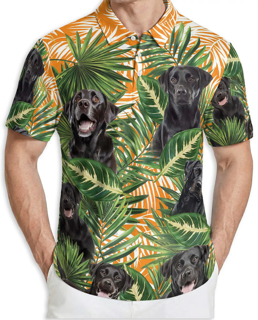 Black Labrador Tropical Polo Shirt, Palm Leaf Print | Azhawaiian