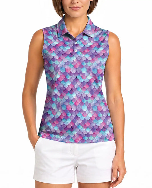 Colorful Fish Scale Pattern Sleeveless Polo Shirt for Women | Azhawaiian