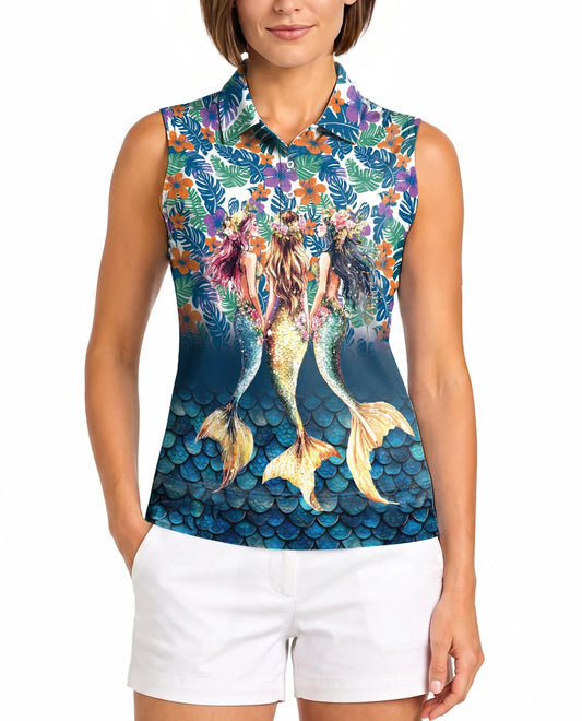 Three Mermaids Sleeveless Polo Shirt for Women | Azhawaiian