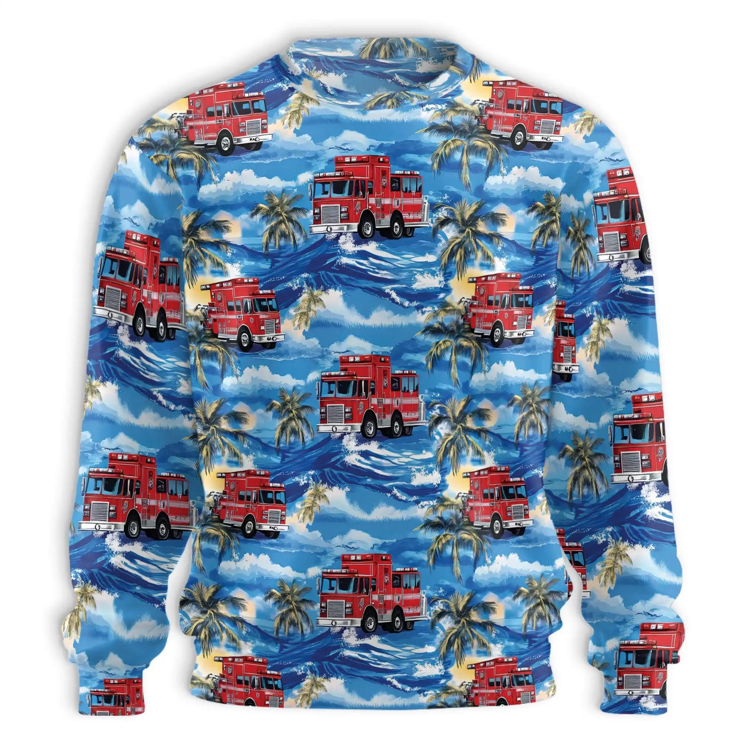 Firefighter Truck Blue Palm Tree Sweatshirt – Tropical 3D All Over Print Design