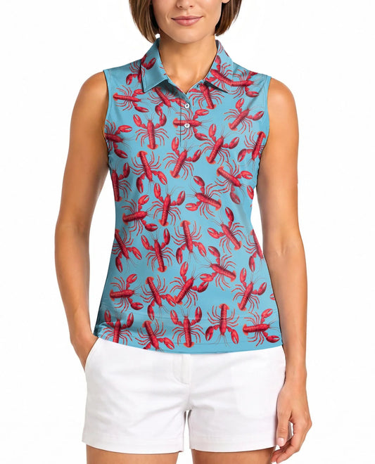 Lobster Red Pattern Sleeveless Polo Shirt for Women | Azhawaiian