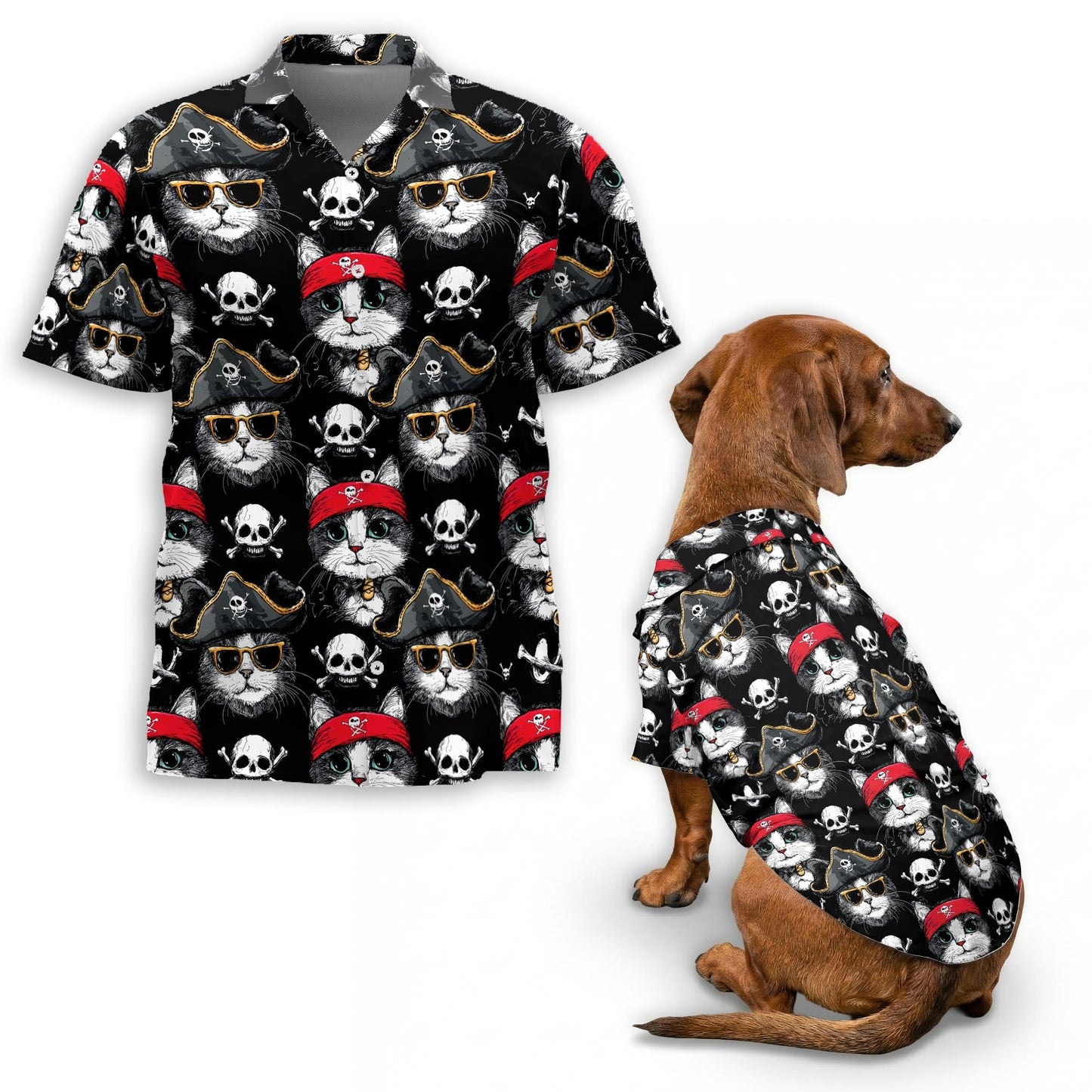 Pirate Cat Matching Dog Owner Hawaiian Shirts, Funny Pet Aloha Shirt for Beach Vacation - Azhawaiian