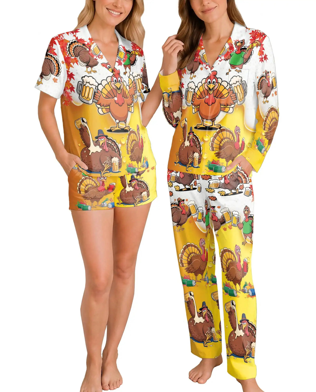 Funny Thanksgiving Turkey Pajama Set for Women – Beer & Fall Leaves Print