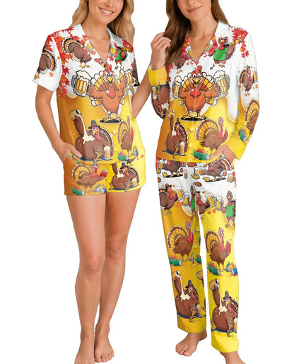 Funny Thanksgiving Turkey Pajama Set for Women – Beer & Fall Leaves Print