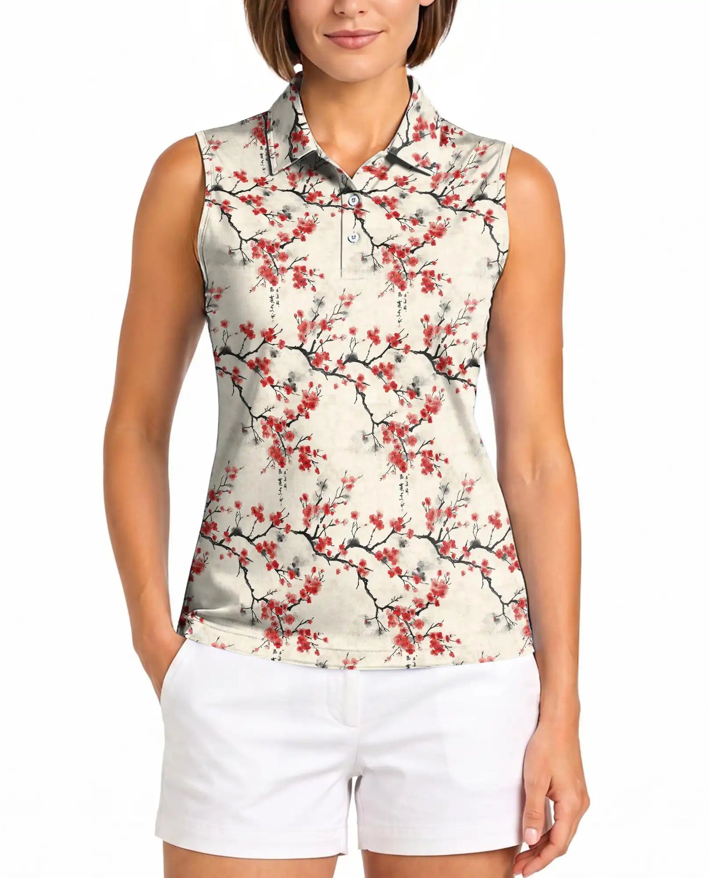 Sumi-e Cherry Blossom Branches Sleeveless Polo Shirt for Women | Azhawaiian