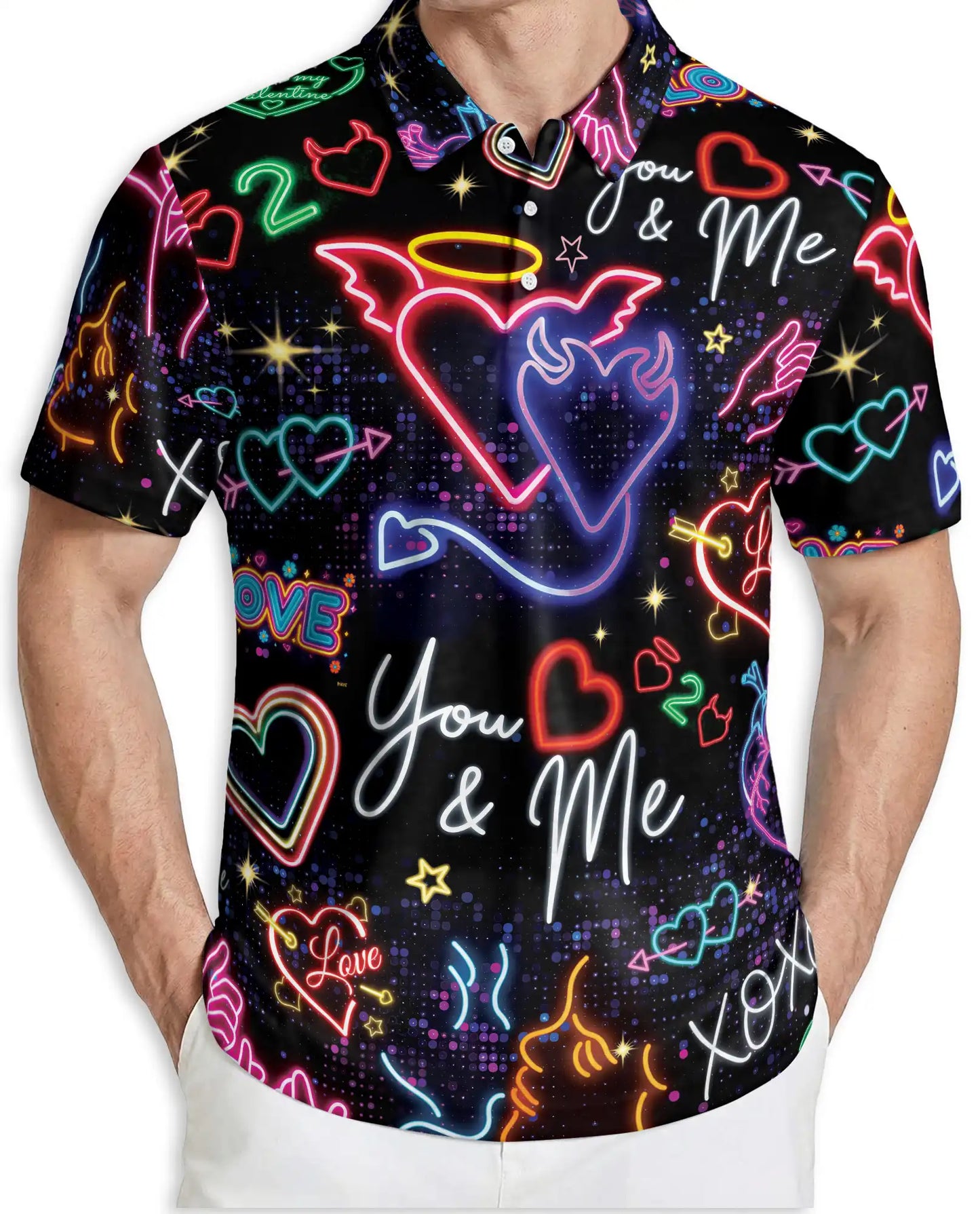 Neon Valentine Polo Shirt, Retro Love Heart Glow Print | Azhawaiian