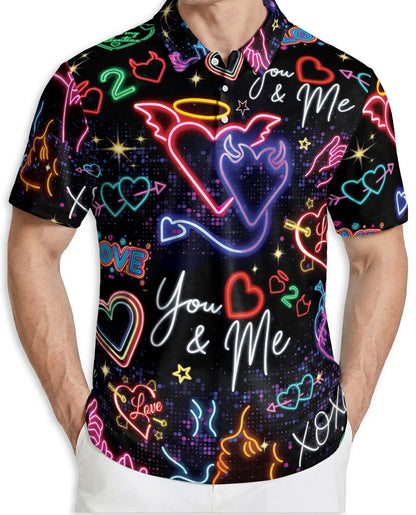 Neon Valentine Polo Shirt, Retro Love Heart Glow Print | Azhawaiian